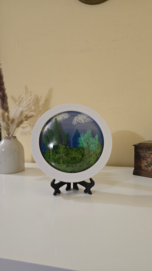 D043 Tablou decorativ rotund cu licheni și plante stabilizate – 25 cm