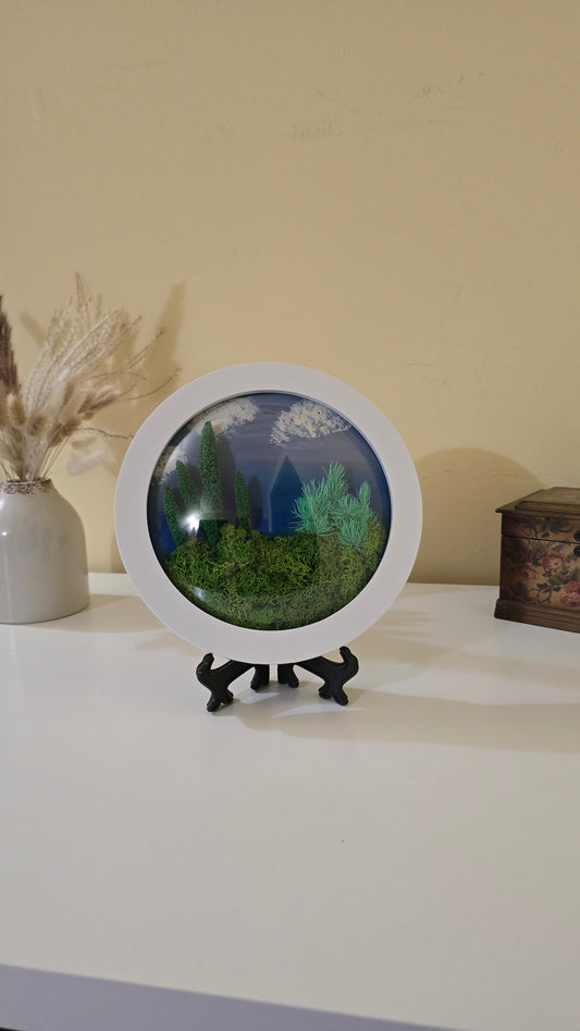 D043 Tablou decorativ rotund cu licheni și plante stabilizate – 25 cm